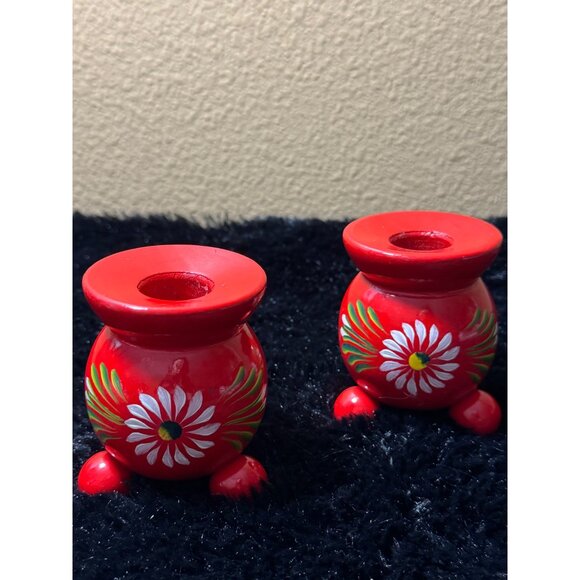 Sweden Hand-Painted Red Wooden Mini Candle Holders Floral Daisy - Picture 2 of 10